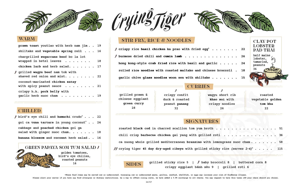 Main menu for Crying Tiger with sections: Warm, Chilled, Stir Fry/Rice & Noodles, Curries, Signatures, and Sides on a cream background with leaf and tiger illustrations.