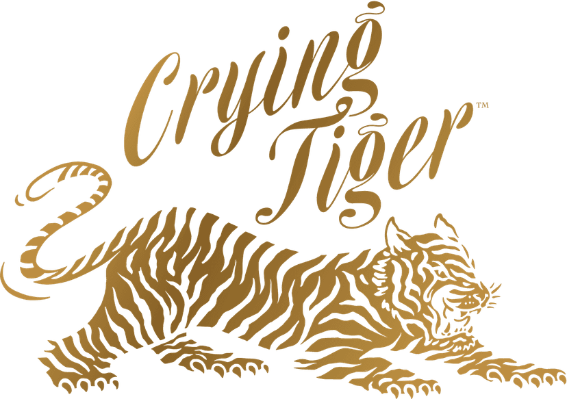 illustration of a tiger with the restaurant name of crying tiger in a script font below it